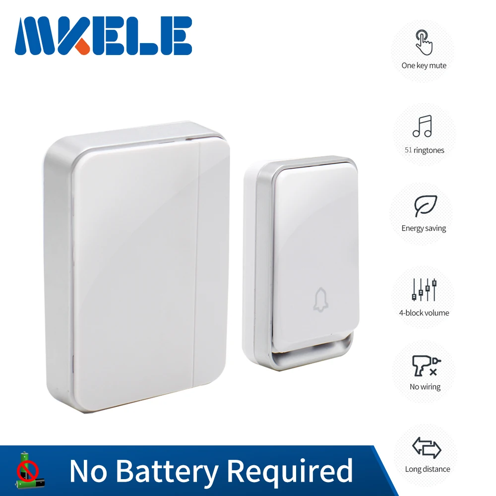 

Smart Self-powered Waterproof Wireless Doorbell Chime No Battery Required EU Plug Long Distance with 1/2 button 1/2 Receiver