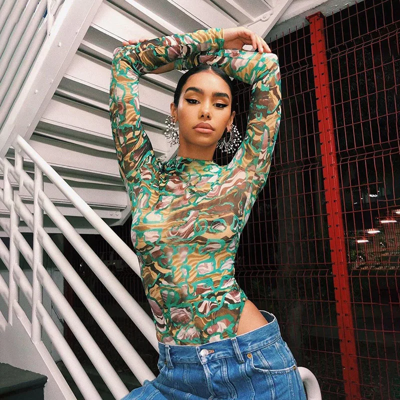 Сексуальное Женское боди с камуфляжным принтом короткий облегающий трико