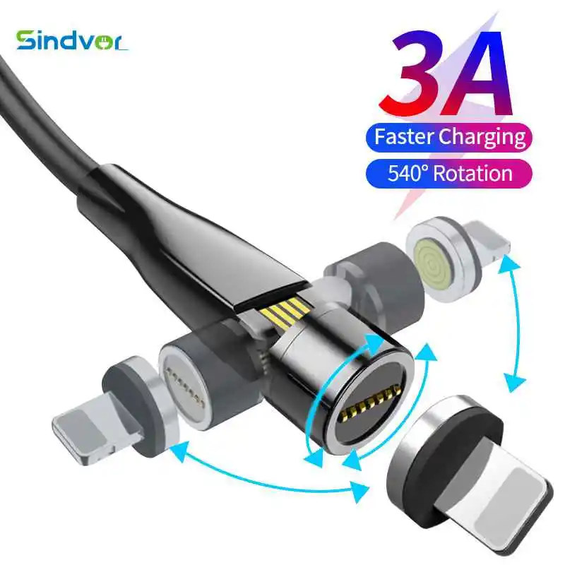 

Sindvor 540 Rotate 3A Magnetic Cable Micro USB Type C Cable Magnet Charger For iPhone Samsung Xiaomi Phone Charging Data Cord 1M