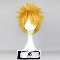 anime uzumaki cosplay wig short golden fluffy shaggy layered heat resistant synthetic hair wigs wig cap headband