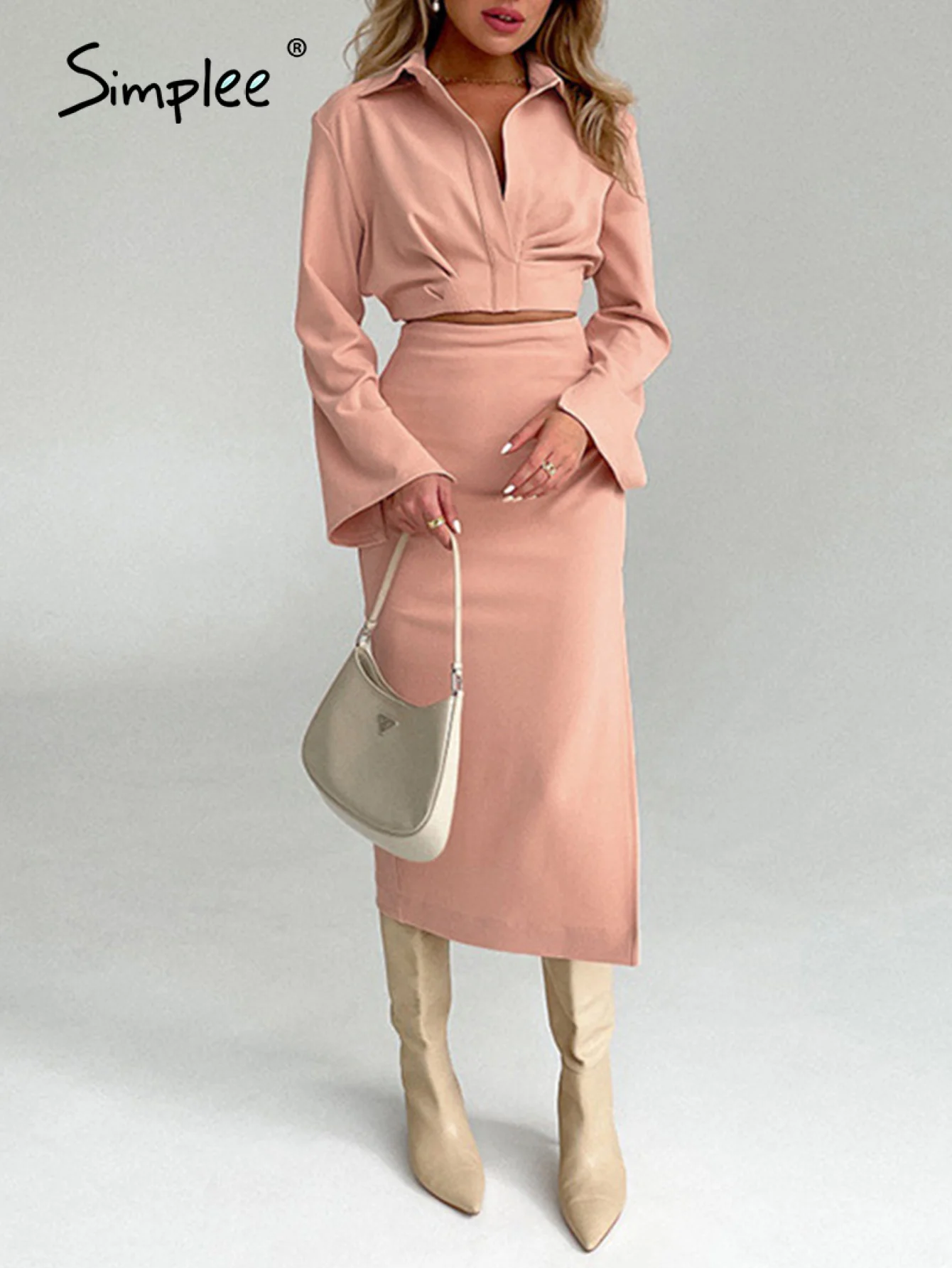 

Simplee Sexy deep v-neck long sleeve crop top dress set women Sheath maxi split dresses sets Office pleated solid two-piece suit