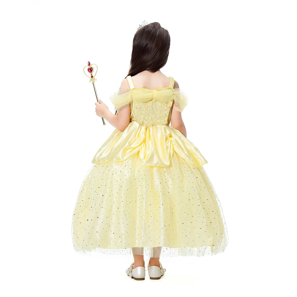

2019 Girls Belle Dress Up Fantasy Yellow Fairy Dress Up Shoulderless Fancy Girls Carnival Beauty and the Beast Princess Costume