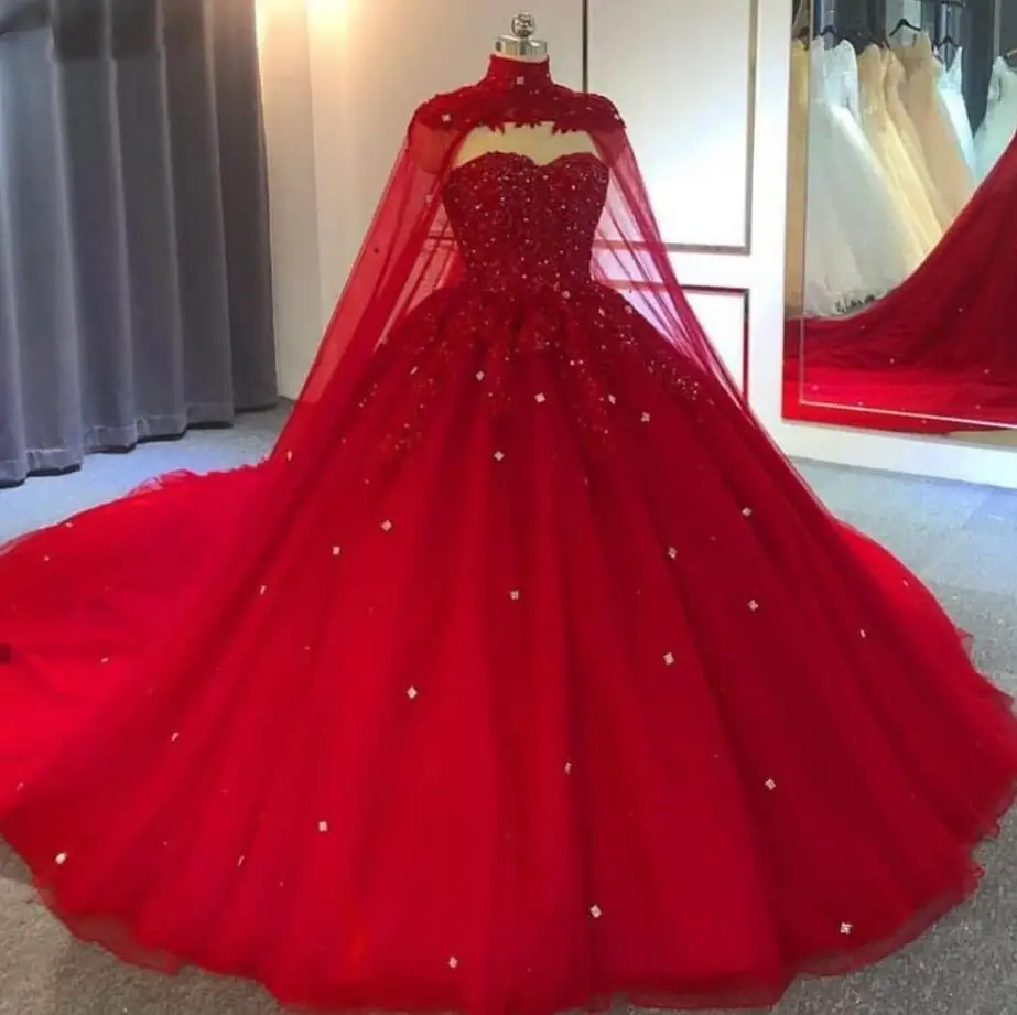 

Dubai Muslim Red Wedding Dresses 2021 Bridal Gowns Beading Crystals Plus Size With Cape Gorgeous Brides Marriage Dress Custom