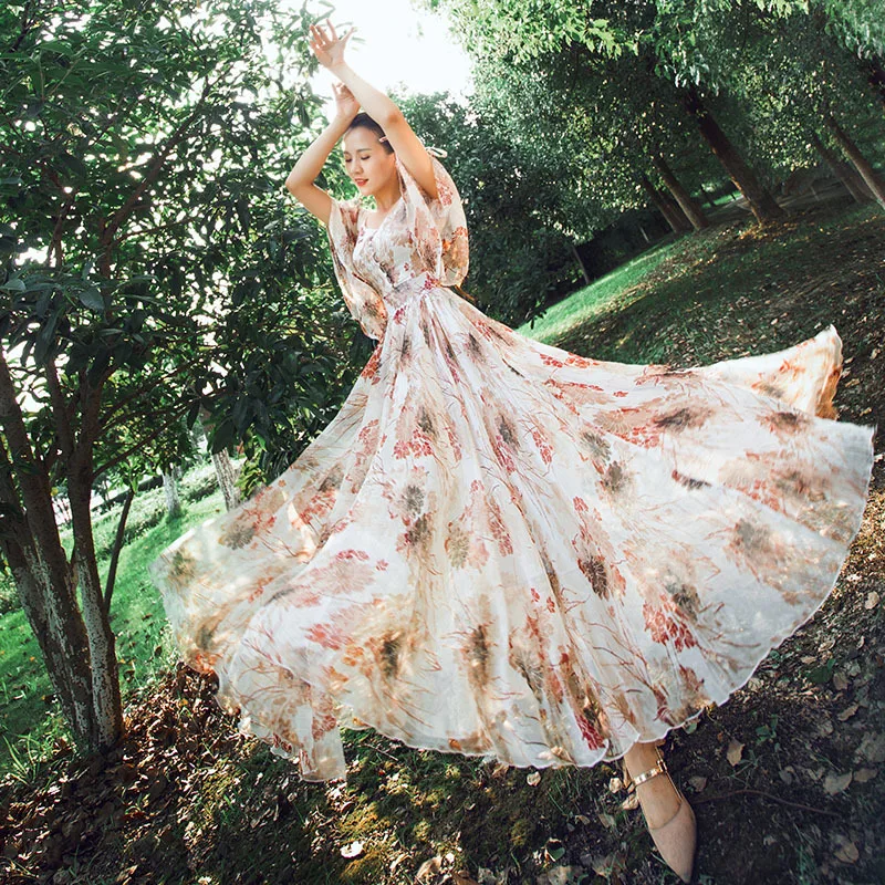 

Slim dress spring summer new Print Chiffon Dress 2020 women's long swing dress Floral Dress