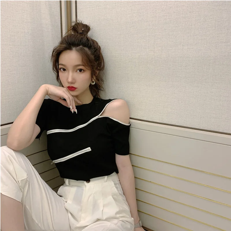 

Women's T Shirt Solid Color Short Sleeve Print O- Neck Sexy Tops Basic Top 2021 Casual Fashion Zipper Splicing Tee
