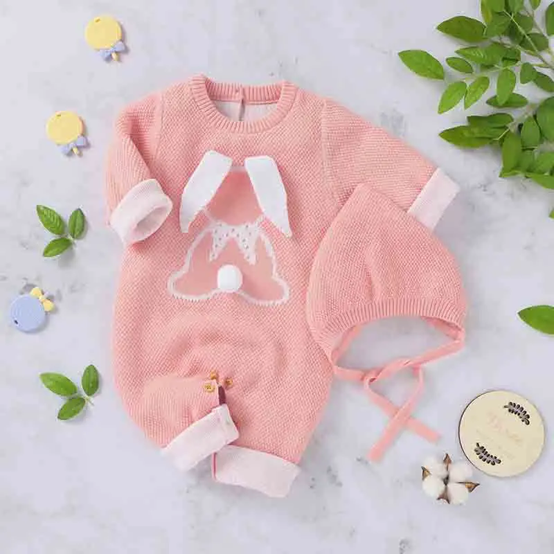 

Baby Knitting Rompers Autumn Newborn Long Sleeve Cartoon Rabbit Jumpsuit Hat Set Infant Girls Boys Winter Warm Clothes Overalls