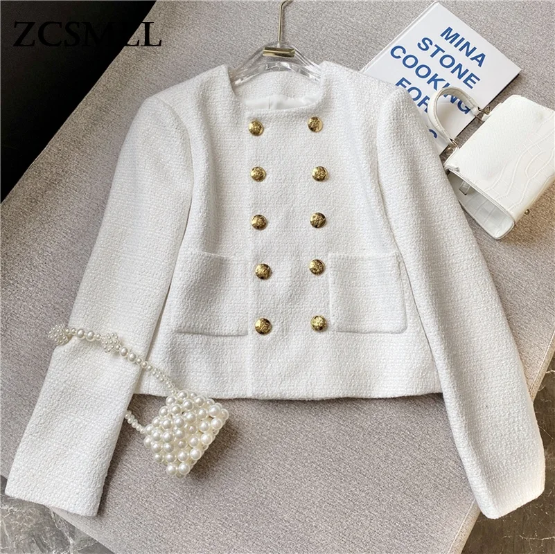 

ZCSMLL New Korean Fashion Double-breasted Round Neck White Wild Long-sleeved Woolen Women Coat 2021 Autumn Winter White Tops
