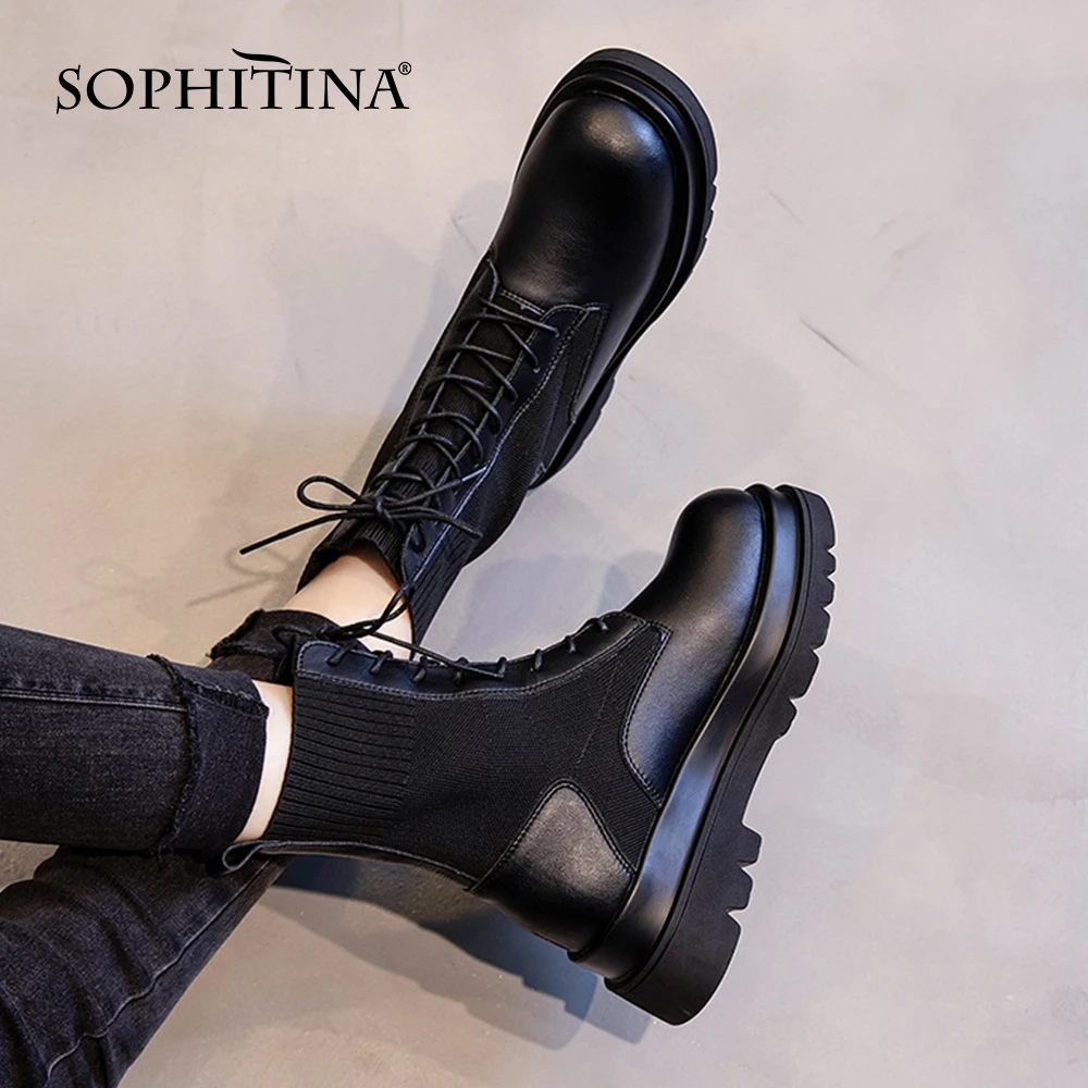 Online Sepatu Platform SOPHITINA Sepatu Bot Kaus Kaki Jahitan Kulit Fashion Wanita Sepatu Bot Pergelangan Kaki Wanita Elastis Musim Gugur Buatan Tangan Tabung Sedang WO606