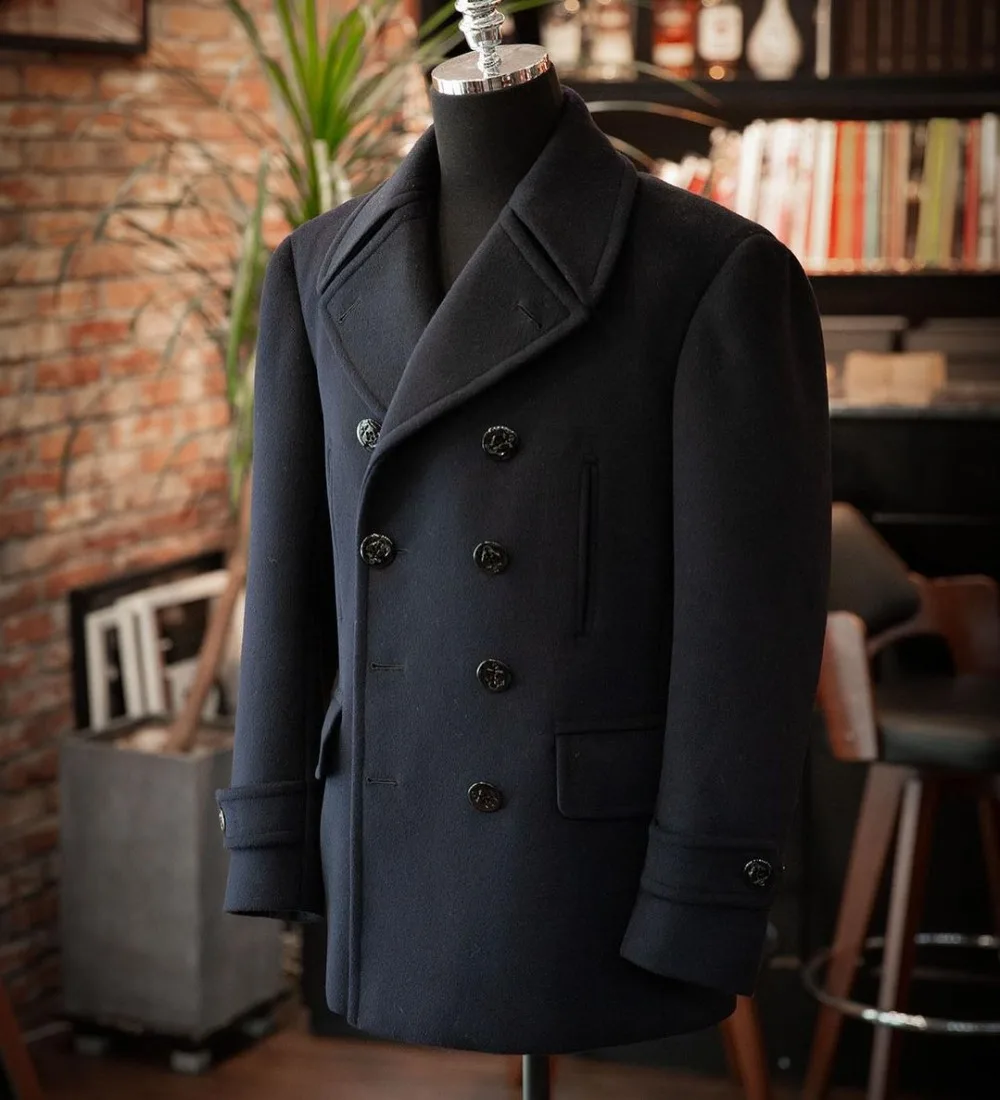 Men's Woolen Coat Winter Solid Black Double-Breasted V-Sleeve Long Jacket Casual Fashion Handsome Overcoat