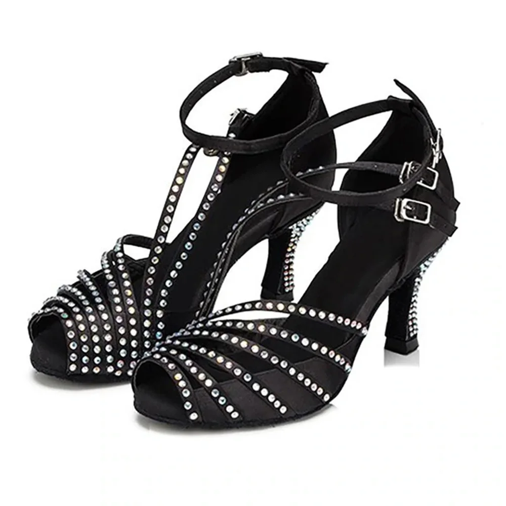 

Women's Luxury Shining Latin Dance Shoes Open Toe Heels Sandals Vintage Salsa Black Party Ballroom Dancing Formal Shoes