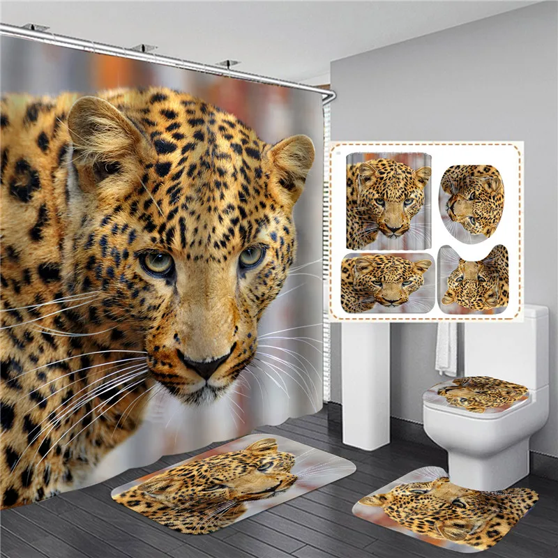 

Black Tiger Animals Printed Shower Curtain Set Bathroom Bathing Screen Anti-slip Toilet Lid Cover Carpet Rugs Kitchen Home Decor