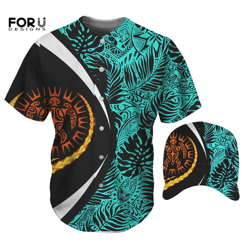 FORUDESIGNS Baseball Uniform Cap For Men T-Shirt O Neck Short Sleeve Polynesian Hawaiian Palm Leaf Sea Turtle Printed Clothing