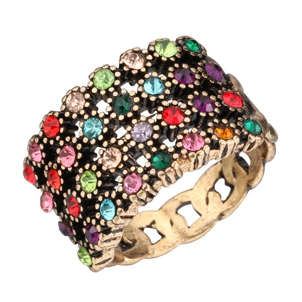 

European Luxury Ethnic Style Vintage Gold-plated Hollow Inlaid Colorful Crystal Stone Ladies Rings Ancient Gold Color Rings