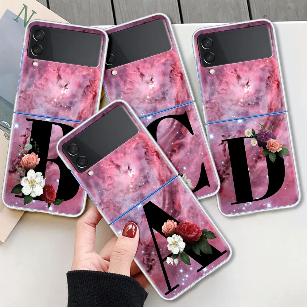 Розовый чехол с буквами A B и цветами для Samsung Galaxy Z Flip 3 5G Прозрачный жесткий
