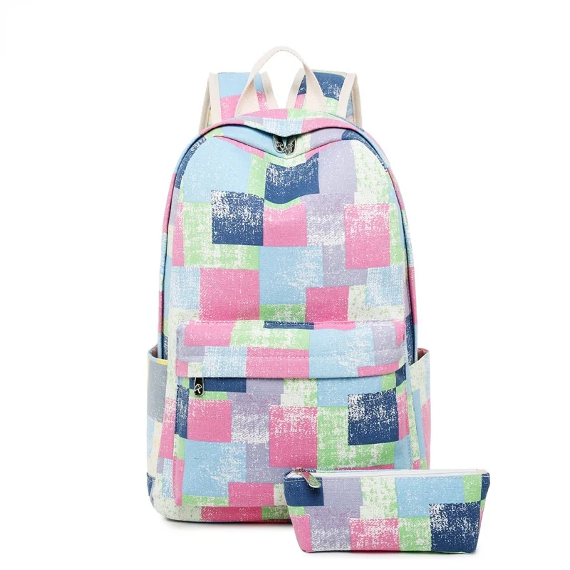 Canvas Backpack Retro Old Color Printing Color Contrast Backpack Female Middle School Student Korean Style Fresh Schoolbag