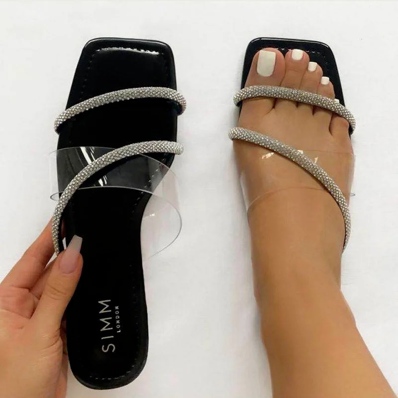 

Women's Sandals New Fashion Sexy Transparent Bling Party Shoes for Ladies Color Diamond Flat Bottom Female Beach Slippers