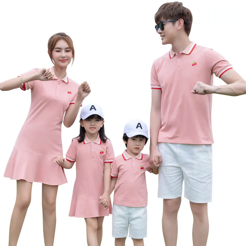 Одинаковые комплекты для семьи поло мальчиков футболка платье девочек платья