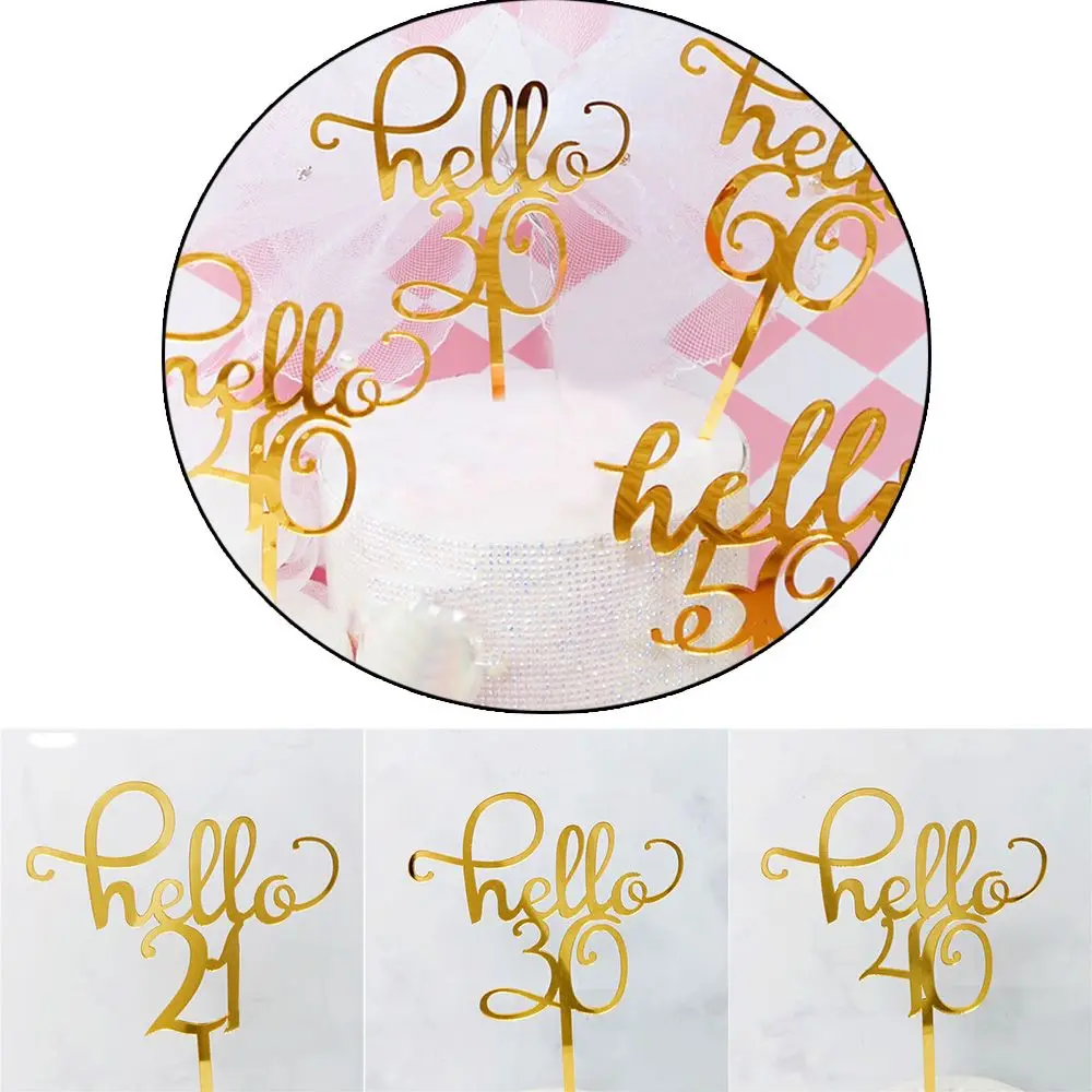 

Lovely Anniversary Party Birthday Gifts Wedding Supplies Gold Acrylic Cake Topper Hello 21/30/40/50/60 Letter Number