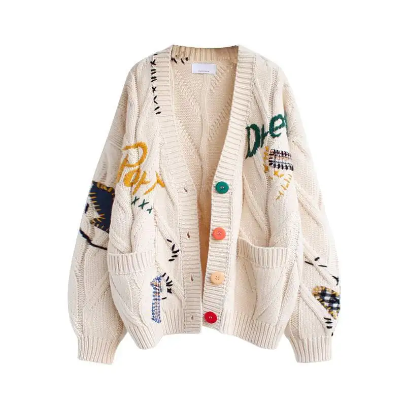 

2021 Women Sweater Cardigan Casual Y2k Style Handmade Letter Embroidery Sweaters Loose Short Knit Sweater Spring Top Coat New