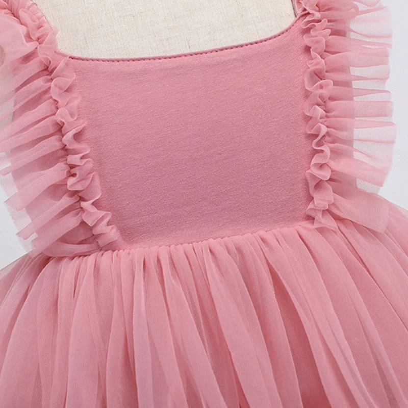 

Flower Girls Dresses Illusion Square Collar Sleeveless Spaghetti Straps Tulle Lace Knee-Length Pink Kid Party Princess Gown F579
