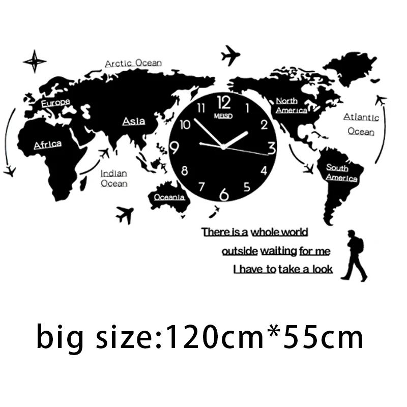 Black120x55cm MEISD Креативные 3D карты мира большие настенные часы Самолет Современный дизайн Акриловые ультра тихие большие декоративные настенные часы - Цвет: Black120x55cm