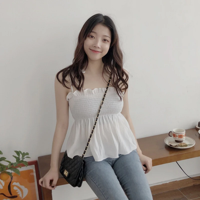 

Women Solid Tube Top Spaghetti Strap Stretch Elastic Waist Chiffon Vest Tops