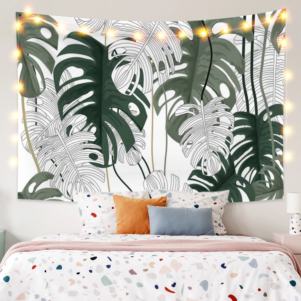 

Тропические растительный гобелен белые зеленые Пальмовые Листья настенный фон для спальни в стиле бохо украшение для пикника пляжный ковр...