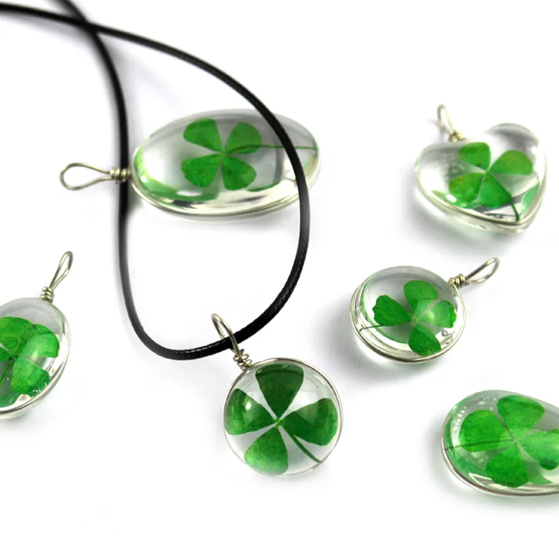 

Fashion Clover Necklace 45mm Natural Real Four Leaf Clover Necklace Transparent Glass Pendant Necklace