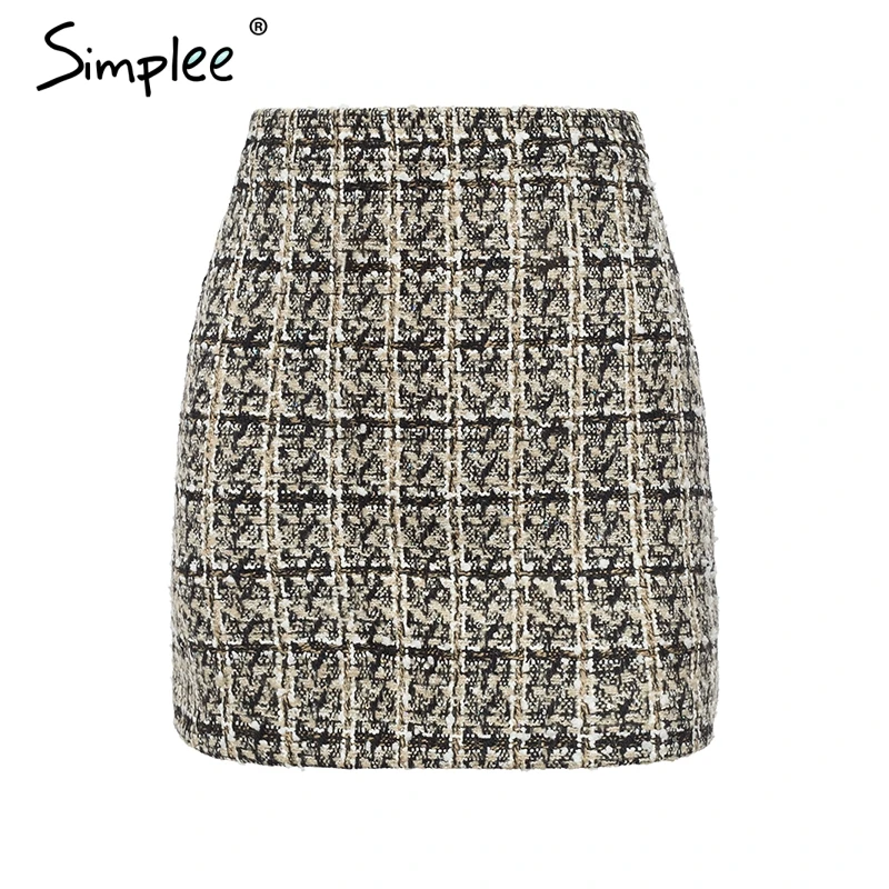 Simplee Double-Breasted tweed plaid women skirt Straight elegant office ladies short mini Vintage autumn female | Женская одежда