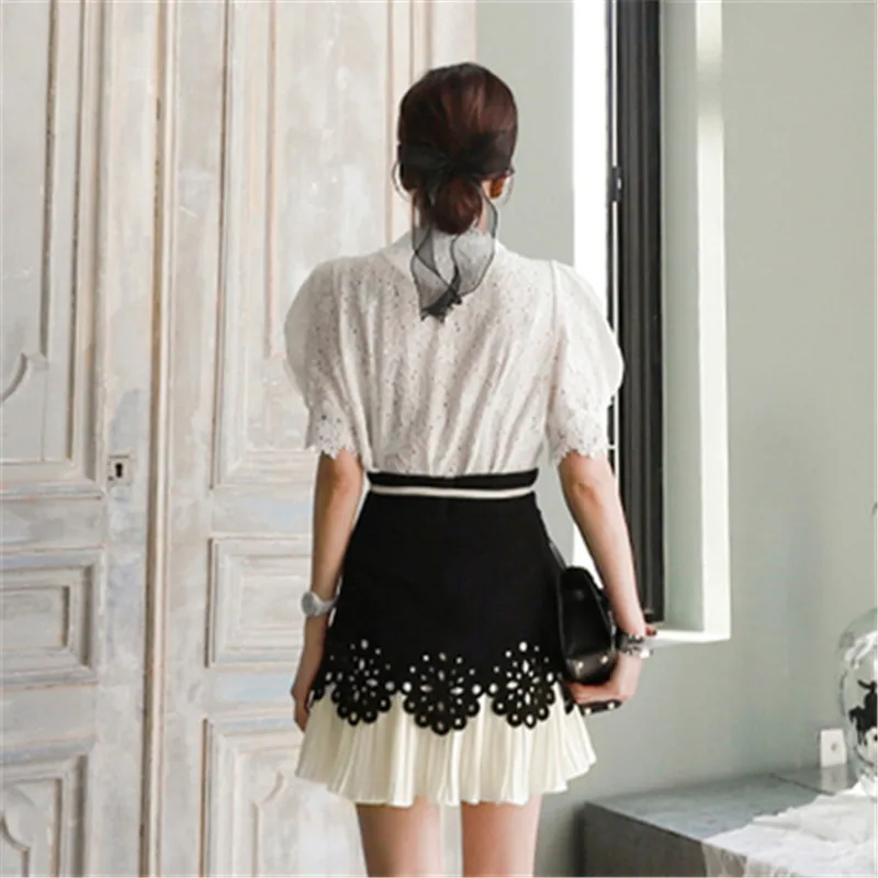 Женский модельный костюм из двух предметов кружевная рубашка и плиссированная