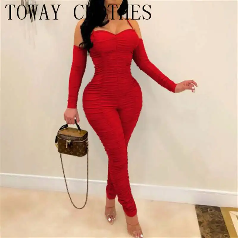 

Women Off Shoulder Sexy Solid Color Cold Shoulder Ruched Skinny Jumpsuit