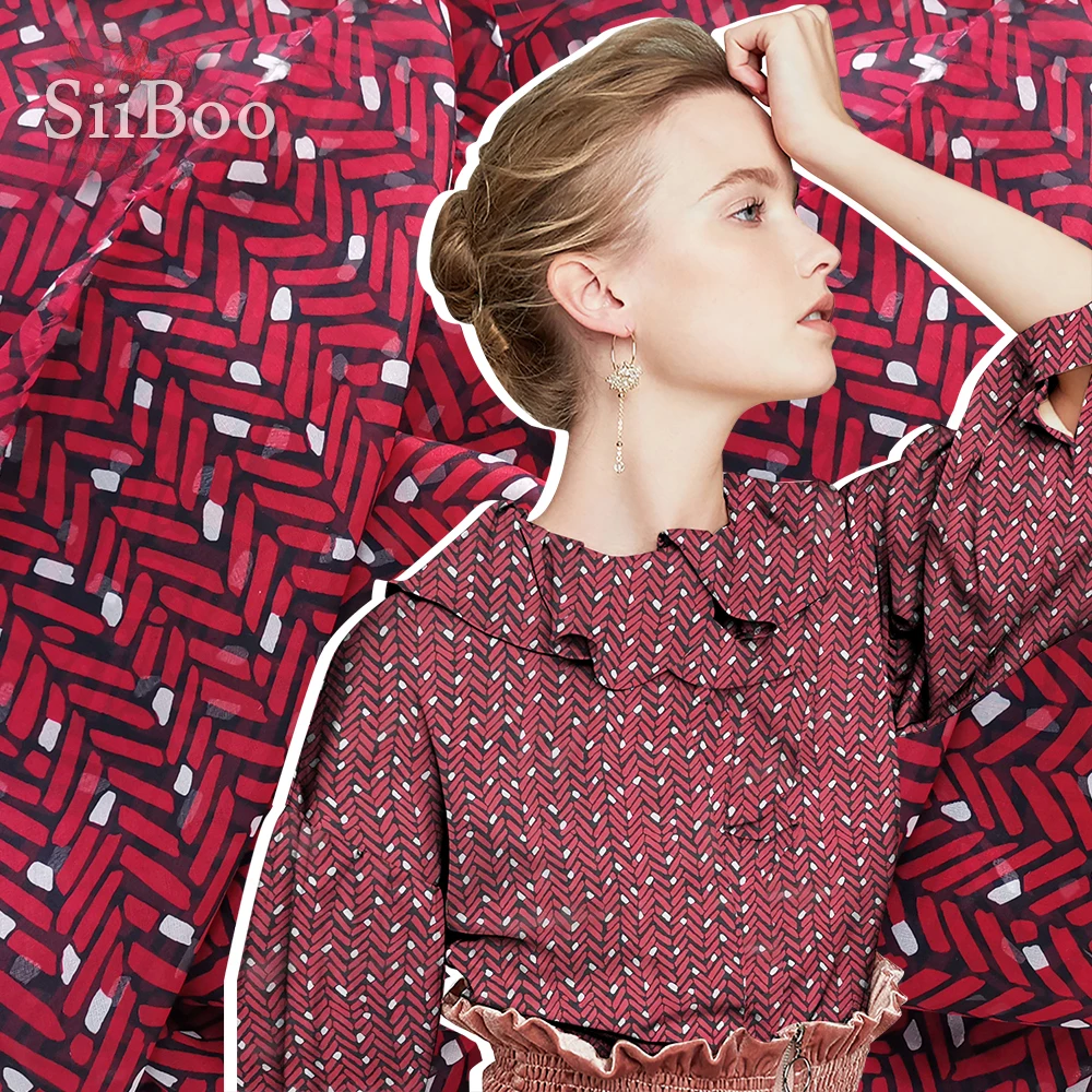 Американский стиль красный геометрический принт 100% натуральный шелк шифон ткань