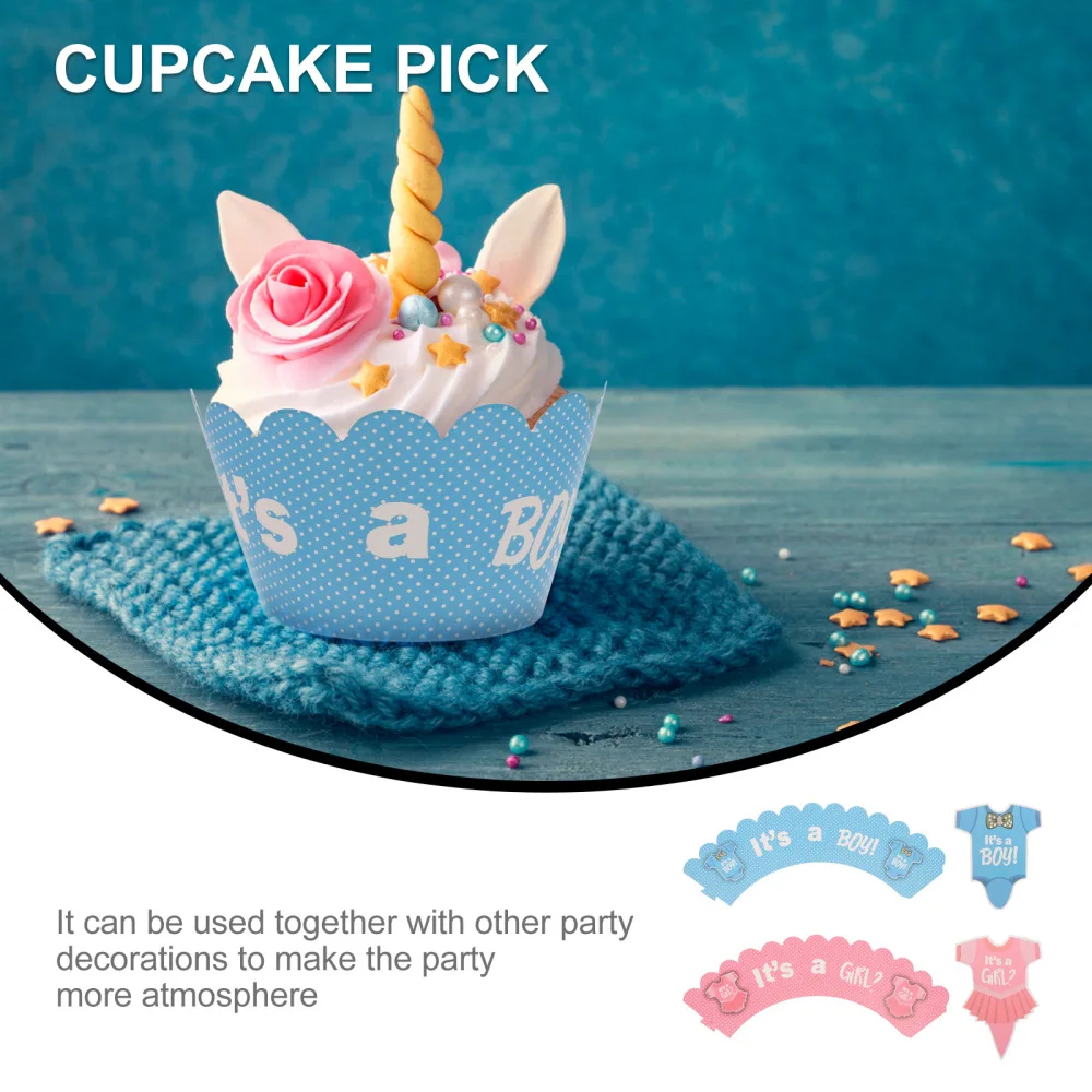 

24pcs Baby Gender Reveal Party Favor Toppers Decor and 24pcs Cupcake Wrappers