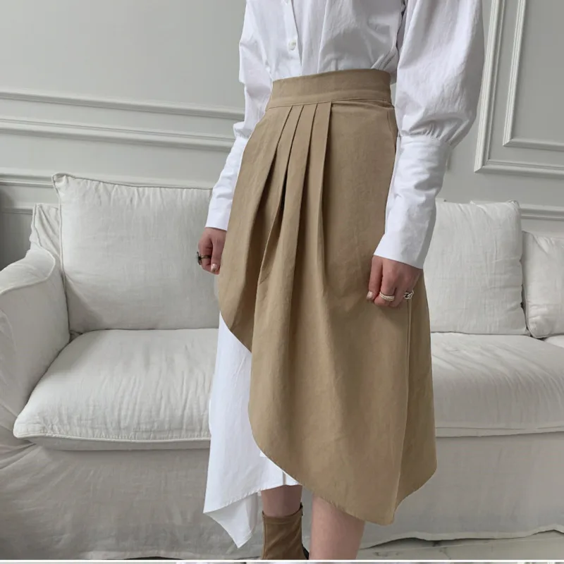 

[EWQ] 2021 Fall Clothes Two Piece Set Female 2 Piece Outfits for Women Irregular Shirt Dress Pleated Korean Fashion Suit