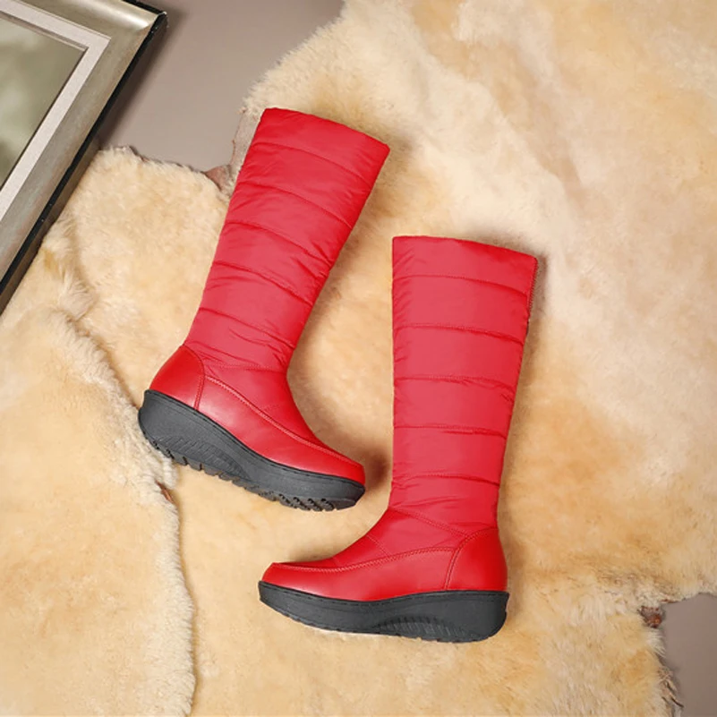 

ANNYMOLI Winter Women Fur Snow Boots Shoes Crystal Platform Mid Heel Khee High Boots Slip On Wedge Heels Long Boots Female 44