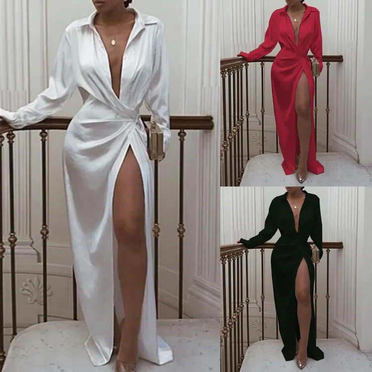 

TRODEAM 2021 New White Long Sleeve Side Split Long Dress Partywear Turn-down Collar Sexy Women Maxi Dress Bodycon Robe Vestidos