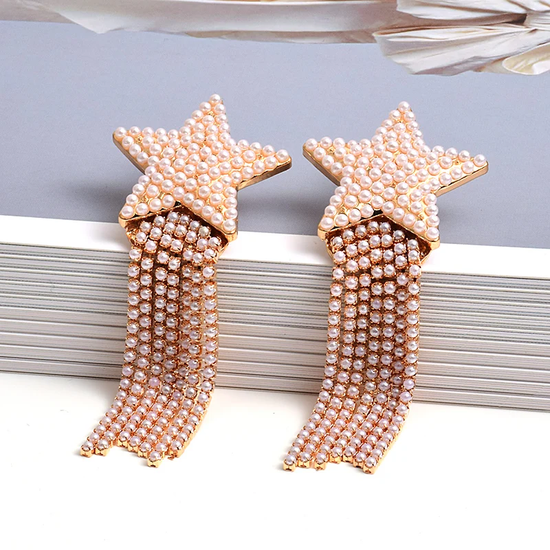 

Богемные серьги для женщин, эффектные ювелирные изделия с кристаллами, новые длинные серьги ручной работы с кисточками, жемчужинами, звездо...