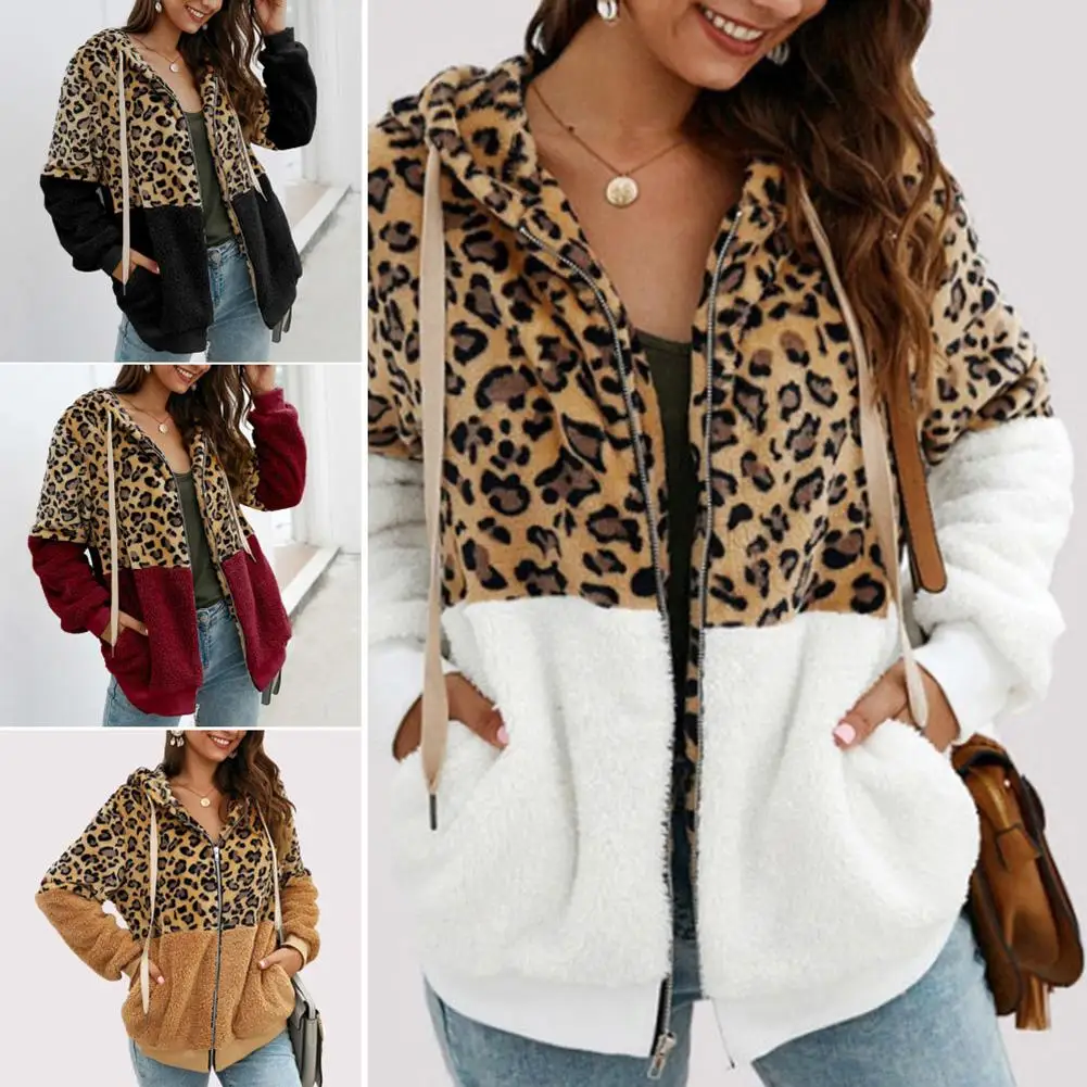 

Women Autumn Winter Jackets Leopard Print Color Block Patchwork Jacket Zip Hooded Outwear Coat veste femme manteau femme