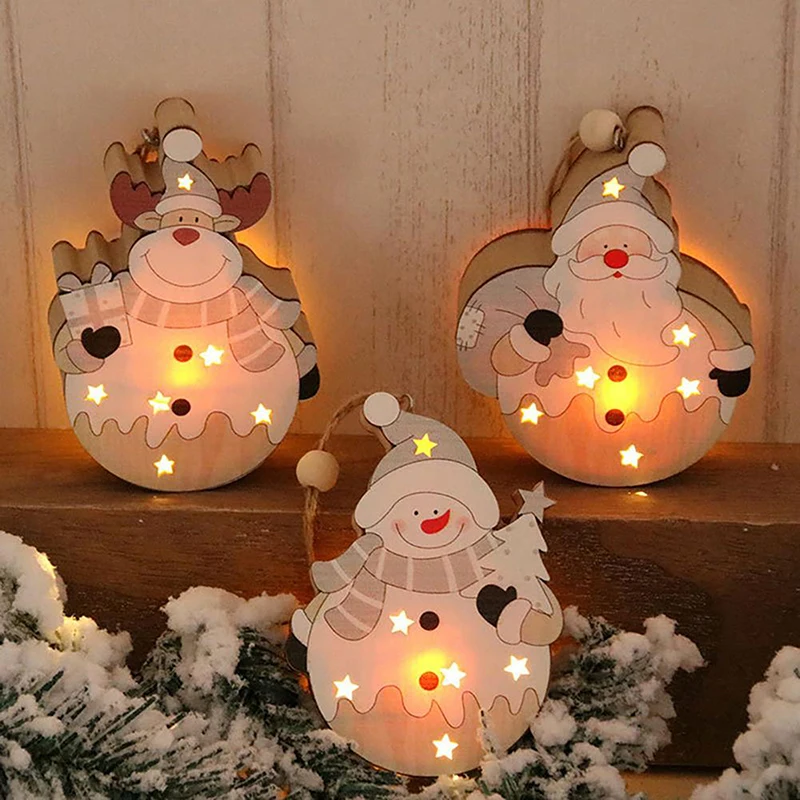 

LED Burr Free Christmas Pendant Wood Cute Santa Claus Elk Snowman Shape LED Ornaments Delicate Craft Festival Decoration 3 Style