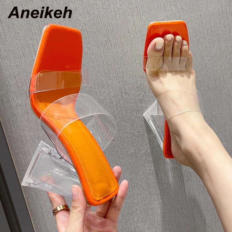 

Aneikeh Fashion PVC Shallow Sandals Slippers 2021 Summer Zapatos De Mujer Spike Heels Women Crystal Shoes Head Peep Concise New