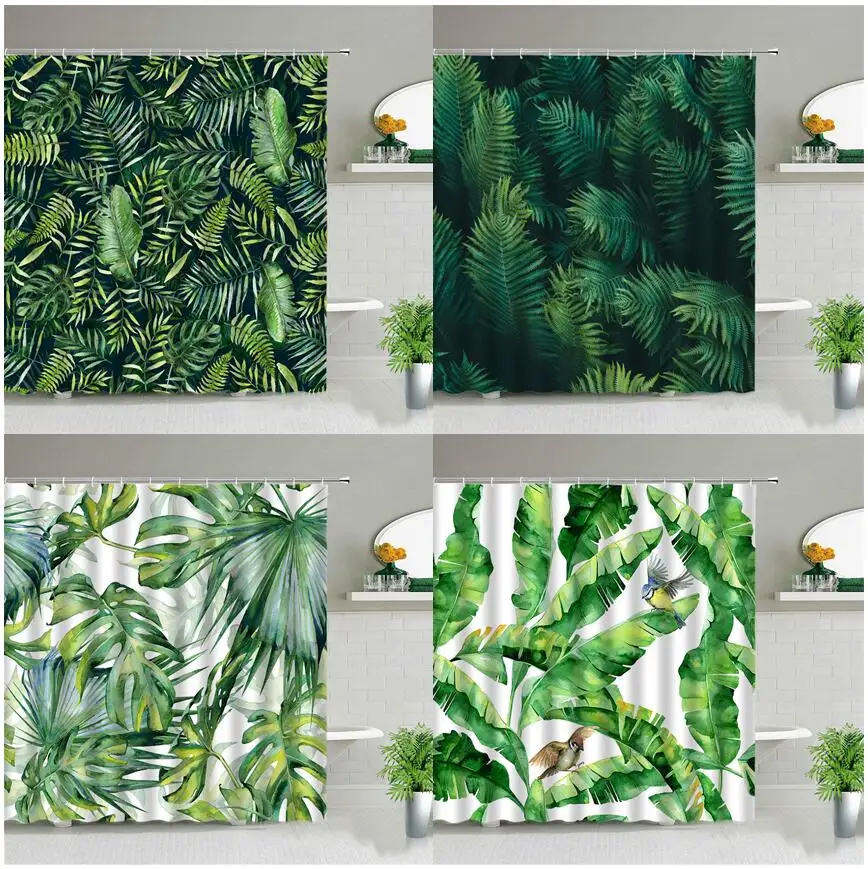 

Green Tropical Plant Shower Curtains Spring Leaves Bathroom Decor Waterproof Bath Curtain 3d Printing Polyester Cloth With Hooks