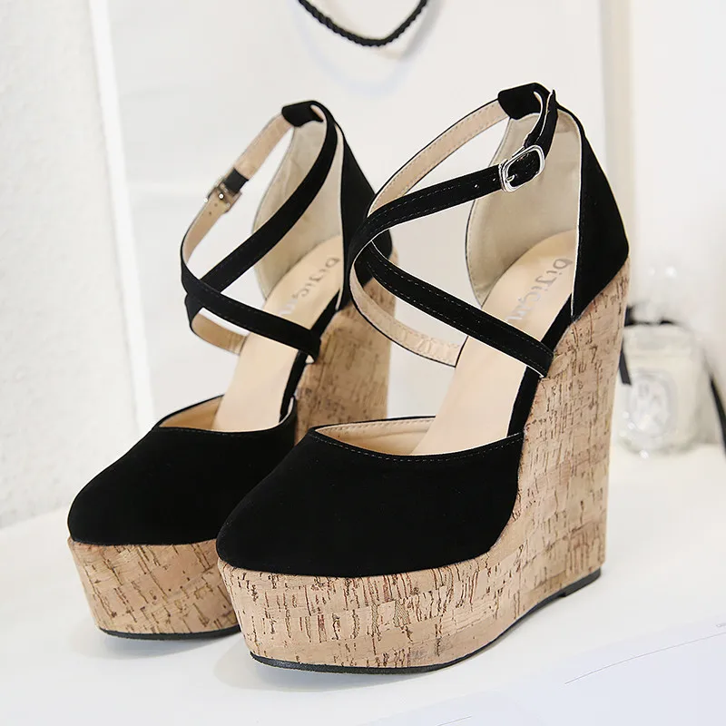 

New Design Ankle Buckle Strap Sandals Women Platform 15CM Wedges High Heels Summer Sexy Round Toe Cross Narrow Band Pumps