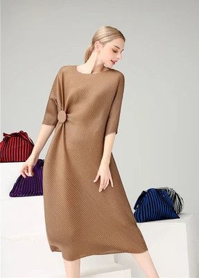Хаки Miyake модное платье на запястье с коротким рукавом, с блестками, с круглым вырезом, со складками, на пуговицах, прямое платье - Цвет: Хаки