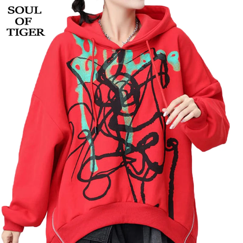 

SOUL OF TIGER Autumn 2021 Korean Design Women Red Printed Hoodies Ladies Casual Loose Sweatshirts Female Fitness Punk Clothing