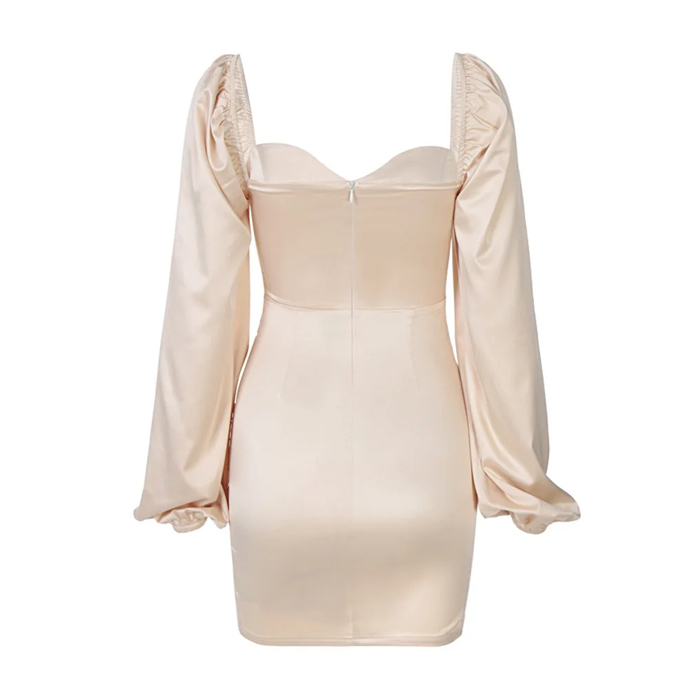 

Western Style Women Dress Spring Autumn Fashion Sexy Temperament Zipper Folds Irregular Square Collar Lantern Sleeve