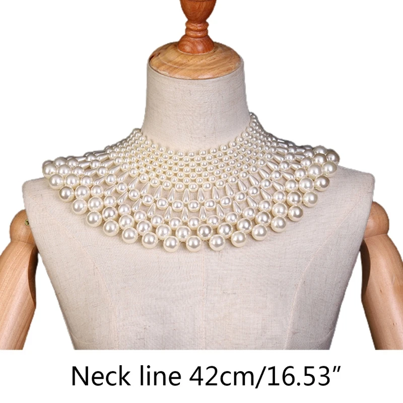 

Sweet Wedding Dress Statement Decorative Necklace Fanshaped Irregular Faux Pearl Beading Bib Choker Fake Collar Jewelry Layered