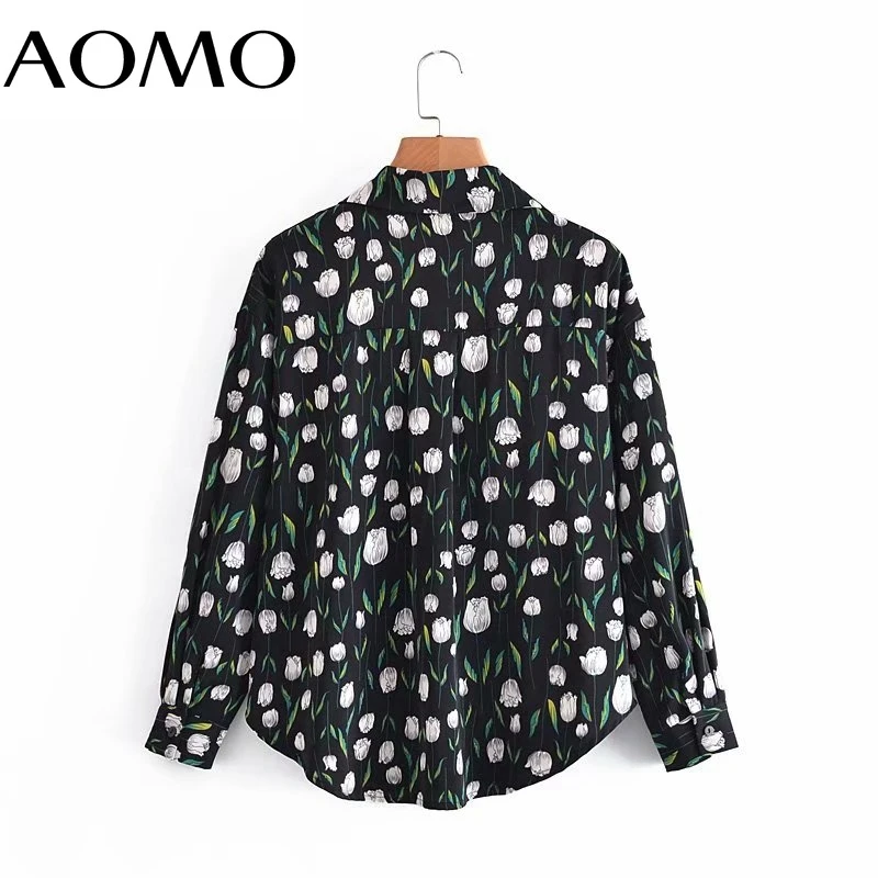 

AOMO Women Retro Oversized Floweres Print Blouse Long Sleeve Chic Female Office Lady Shirt 2G32A