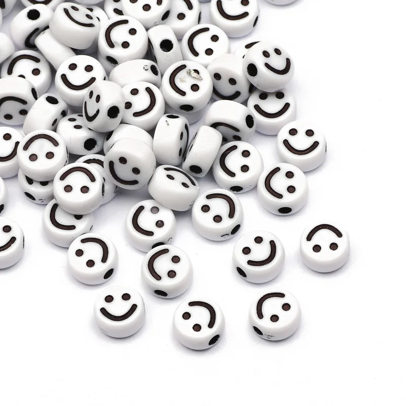 

50/100pcs 10mm Mixed Smiley Beads Round Flat Loose Spacer Acrylic Beads For Jewelry Making Diy Handmade Bracelet Necklace