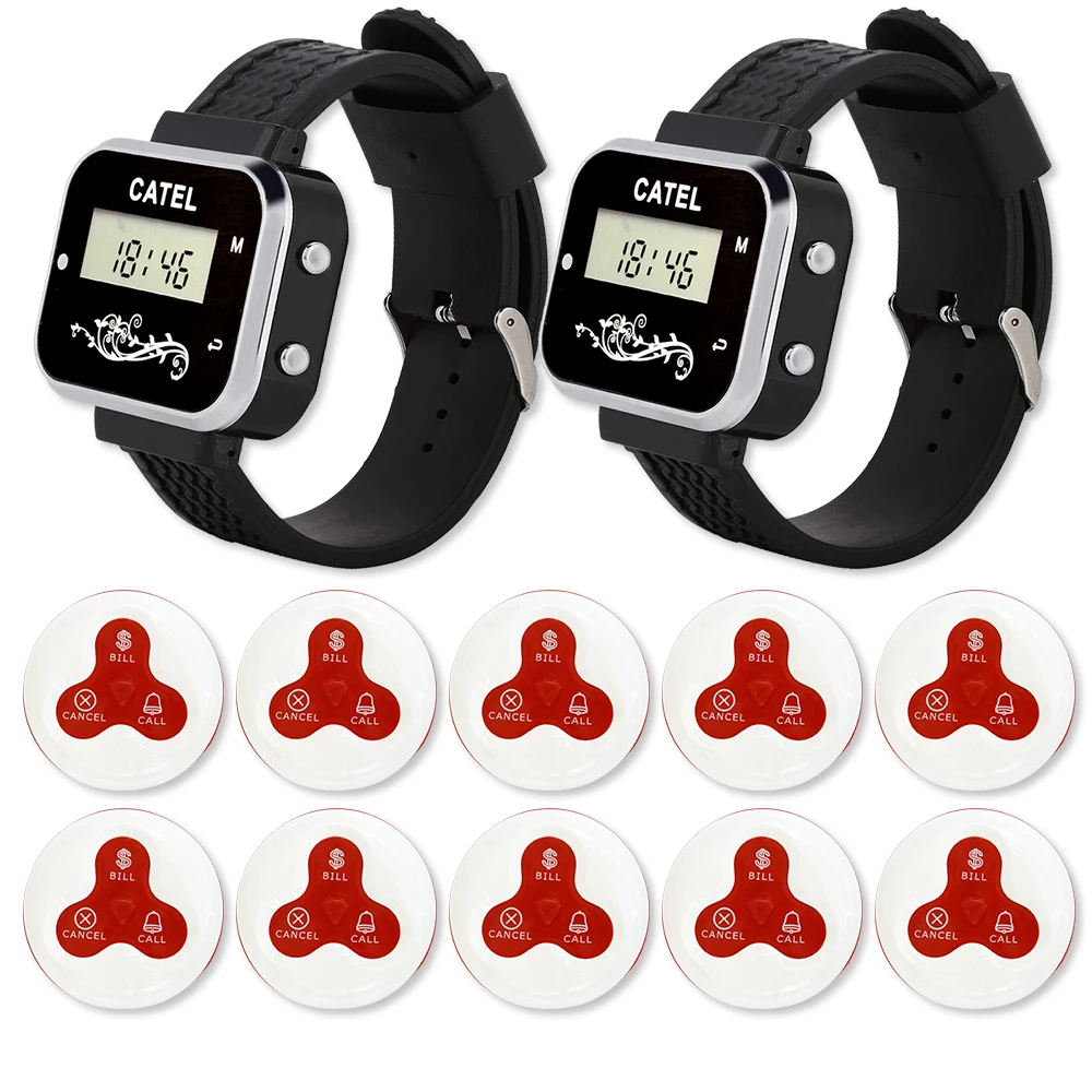 CATEL Waterproof 10 Button 2 Watch Receiver Wireless Calling System Call Button Pager for Restaurant Waiter Service Bell Buzzer