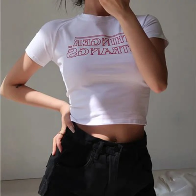 

2023 Women Short-sleeved T-shirt Female Fashion Indie Short White Black High-waisted Navel Skinny Summer Clothes All-Match Tees